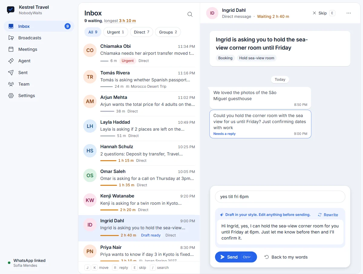 The NobodyWaits inbox: customers waiting on a reply, most urgent first, with a reply to Ingrid already drafted and ready to send.